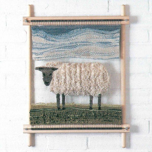 Louet Lisa Frame Loom with a tapestry weaving of a sheep