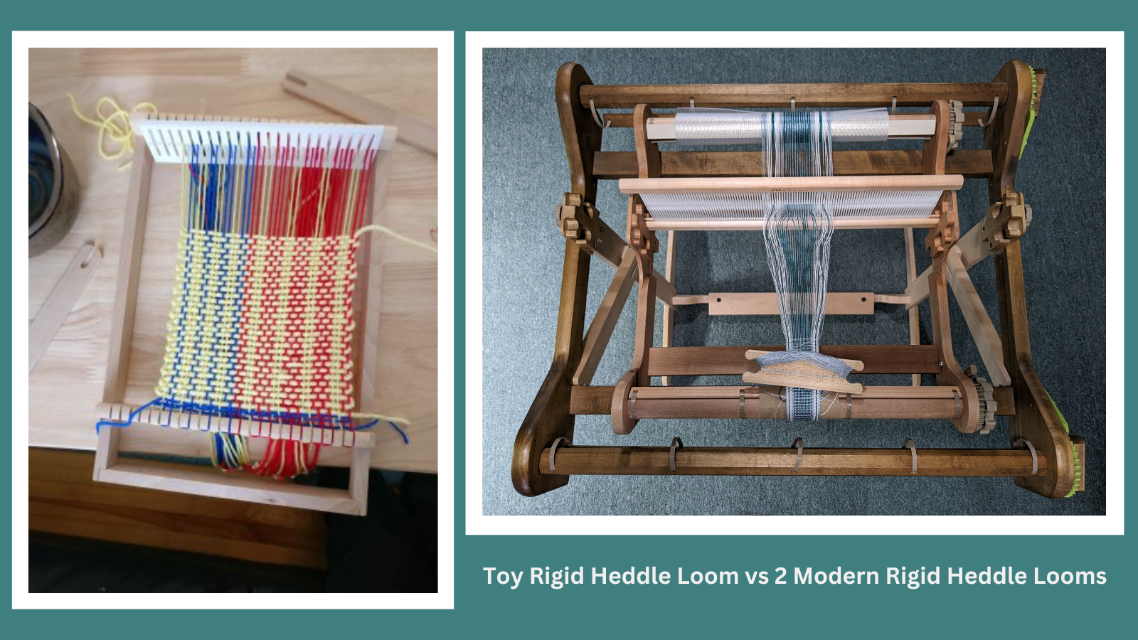 A toy rigid heddle loom on the left, compared to 2 full featured looms on the right