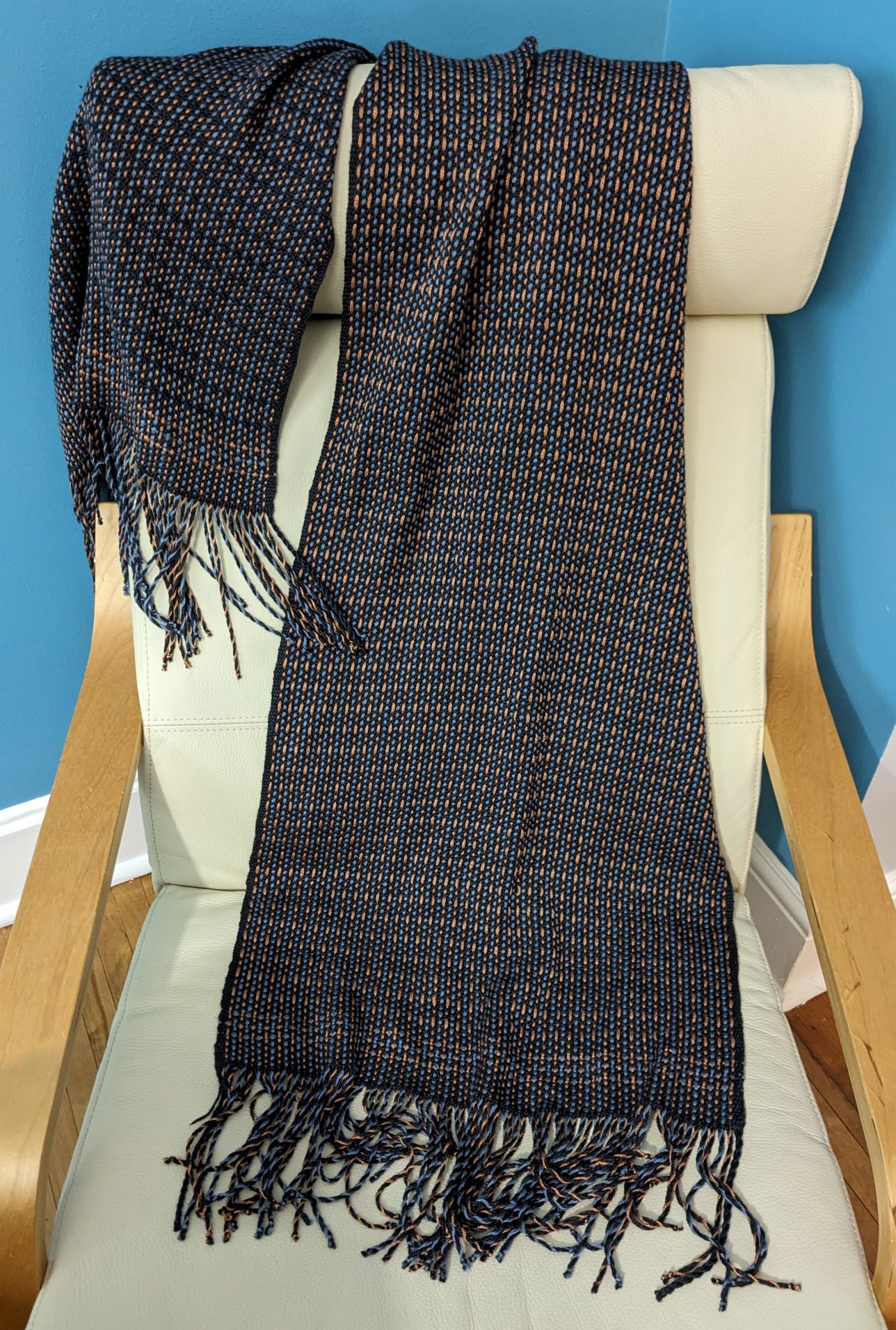 One of my favourite projects, which used doubled ends of blue and copper yarns with singled black